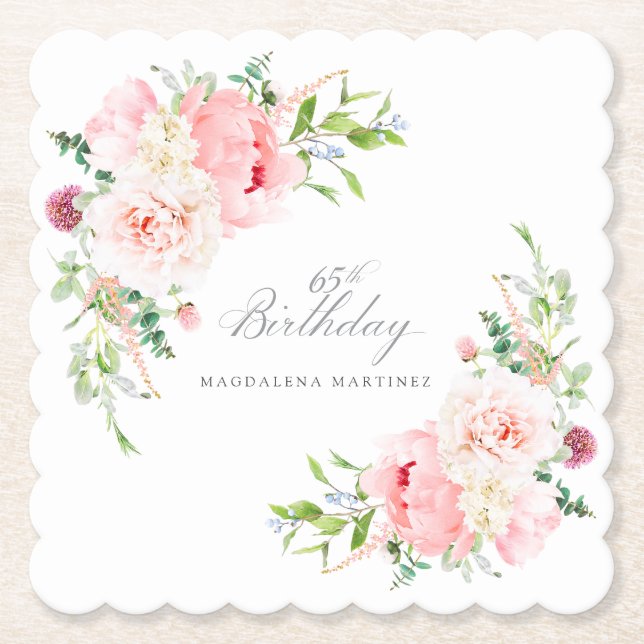 65th Birthday Party Pink Floral Custom Paper Coaster (Front)