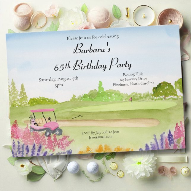 65th Birthday Party Pink Golf Cart Golf Course Invitation (Creator Uploaded)