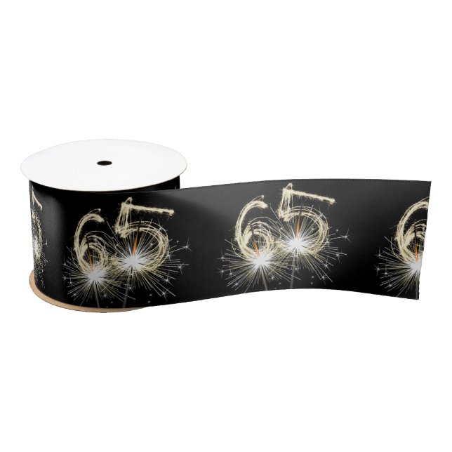 65th Birthday Party Sparklers on Black   Satin Ribbon (Spool)