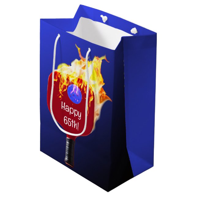 65th Birthday Pickleball Paddle On Fire Medium Gift Bag (Front Angled)