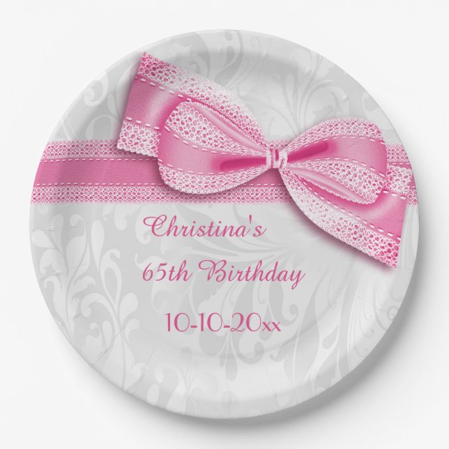 65th Birthday Pink Damask and Faux Bow Paper Plate (Front)