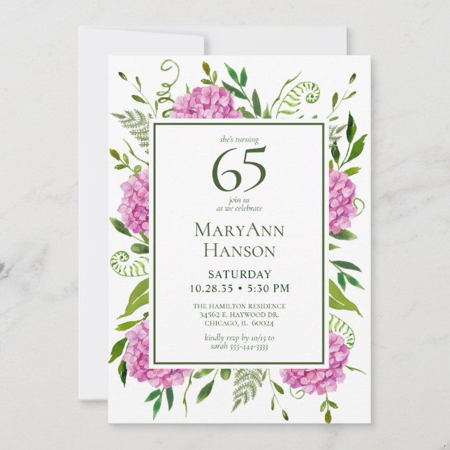 65th Birthday Pink Hydrangeas Card Request  (Front)