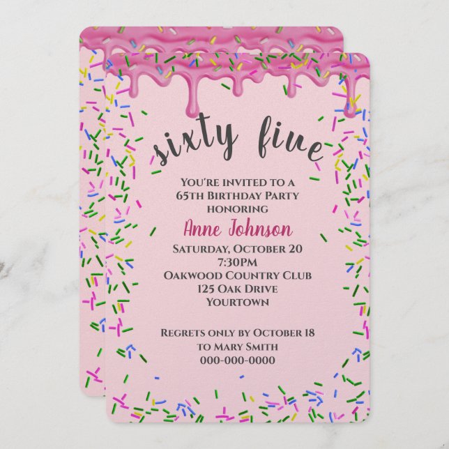 65th Birthday Pink Icing And Sprinkles Invitation (Front/Back)