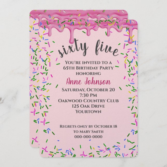 65th Birthday Pink Icing And Sprinkles Invitation (Front/Back)
