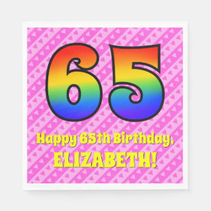 65th Birthday: Pink Stripes & Hearts, Rainbow # 65 Napkin