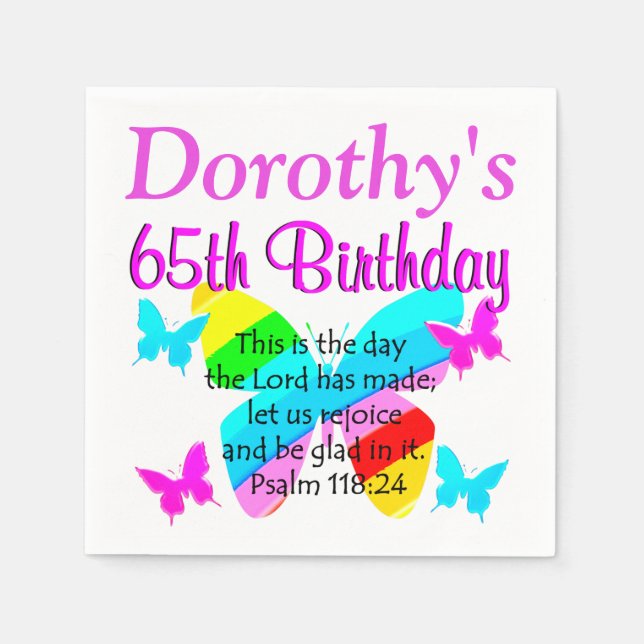 65TH BIRTHDAY RAINBOW BUTTERFLY NAPKINS (Front)