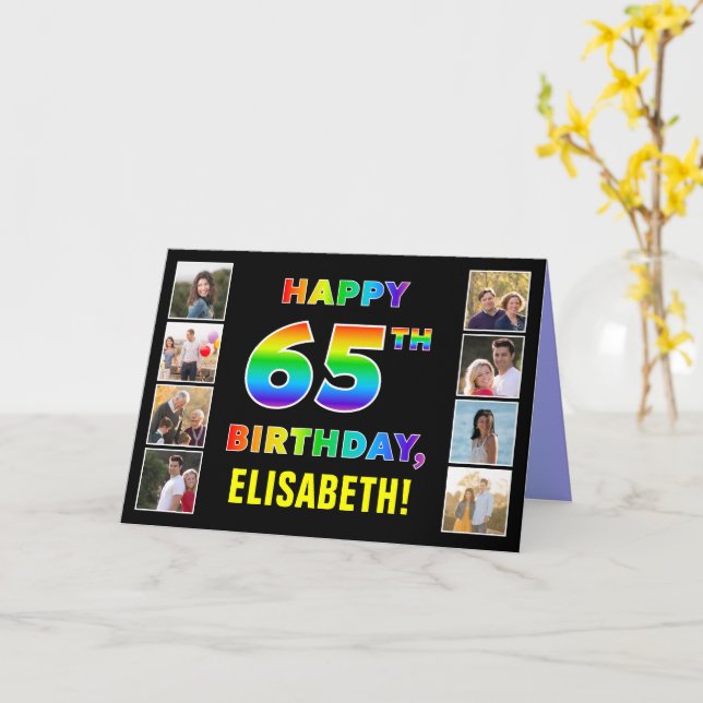 65th Birthday: Rainbow Text, Custom Photos & Name Card (Yellow Flower)