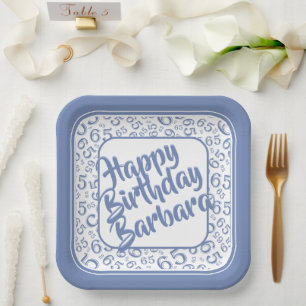 65th Birthday Random Number Pattern Blue/White Paper Plate