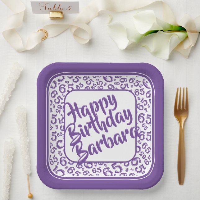 65th Birthday Random Number Pattern Purple/White Paper Plate (Wedding)