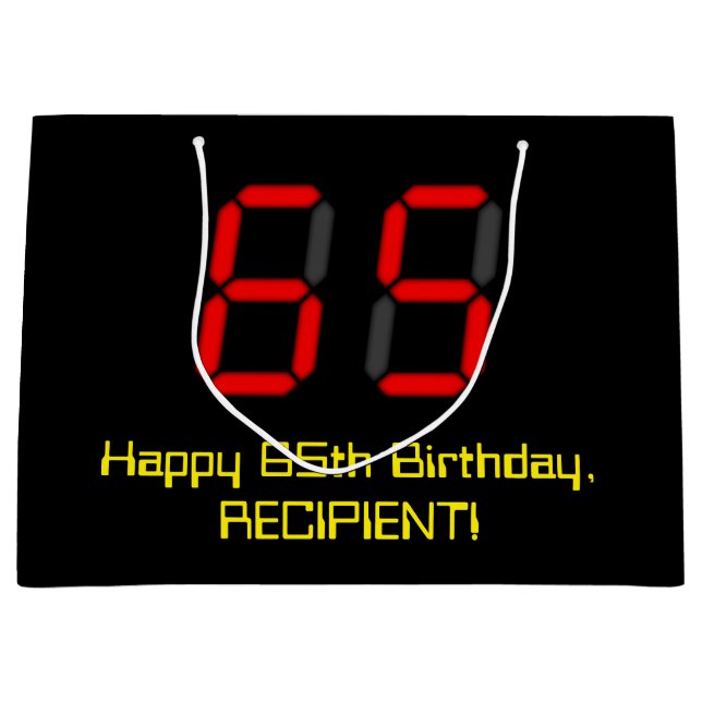 65th Birthday: Red Digital Clock Style "65" + Name Large Gift Bag (Front)