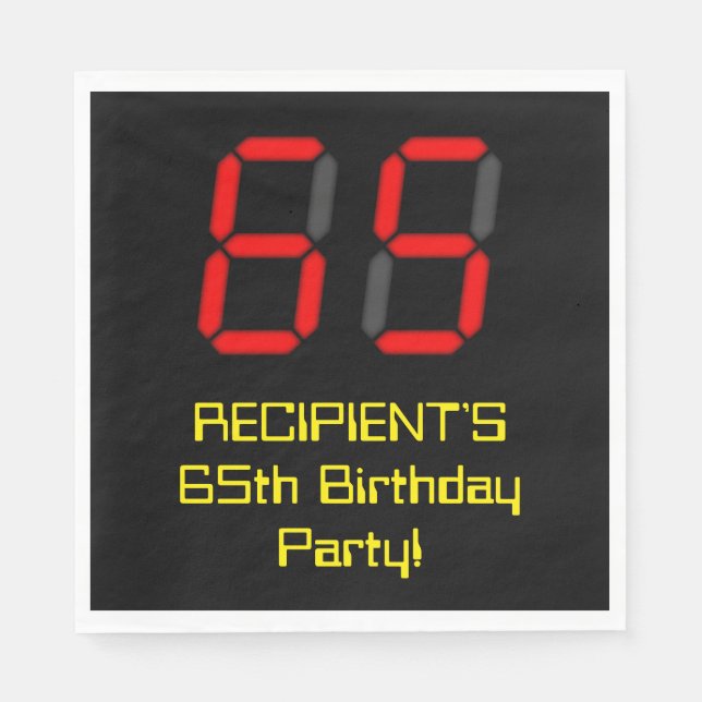 65th Birthday: Red Digital Clock Style "65" + Name Napkin (Front)