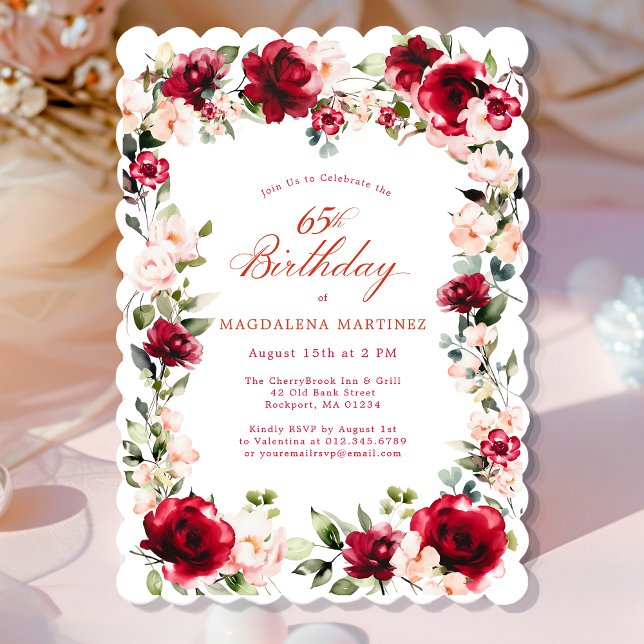 65th Birthday Red Rose Pink Peony Floral Invitation (Creator Uploaded)