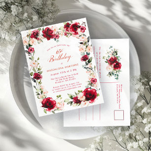 65th Birthday Red Rose Pink Peony Invitation Postcard