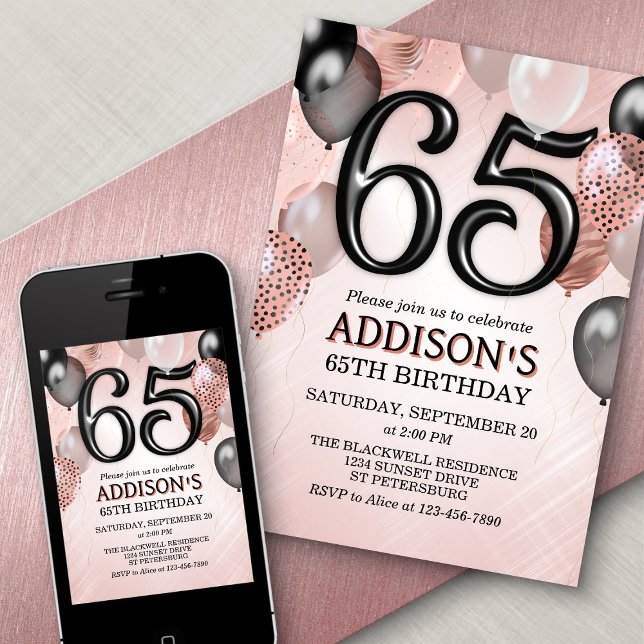 65th Birthday Rose Gold Balloons Invitation (Creator Uploaded)