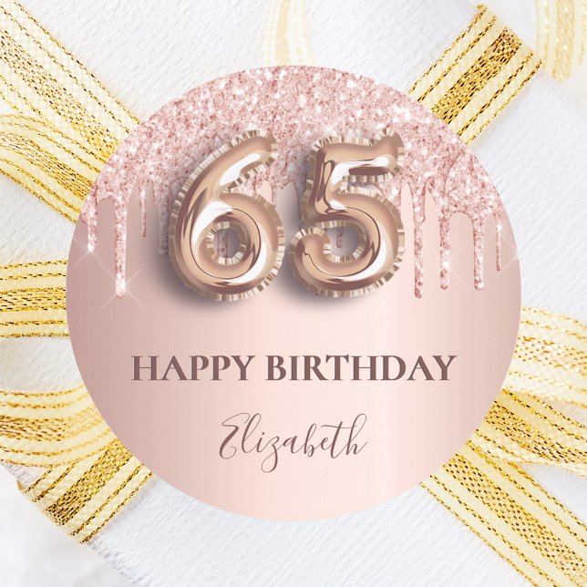 65th birthday rose gold pink drips  classic round sticker (Creator Uploaded)