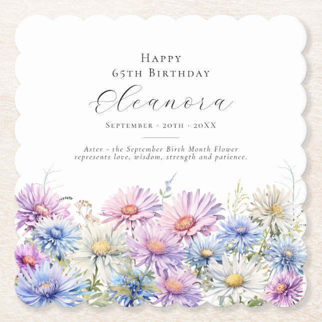 65th Birthday September Birth Flower Custom Paper Coaster (Front)
