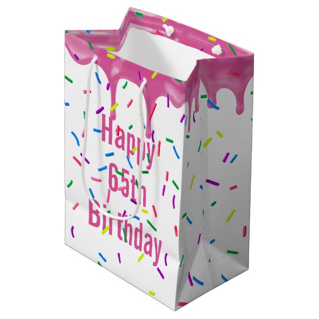 65th Birthday Sprinkles On Pink Icing Medium Gift Bag (Front Angled)