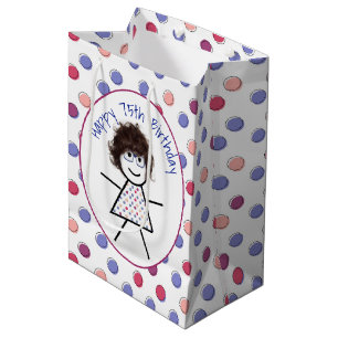 65th Birthday Stick Girl on Polka Dots   Medium Gi Medium Gift Bag