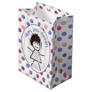 65th Birthday Stick Girl on Polka Dots   Medium Gift Bag