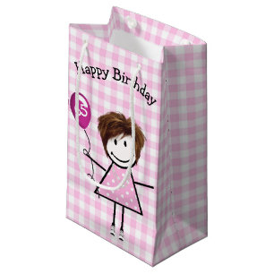 65th Birthday Stick Girl with Pink Balloon Small Gift Bag