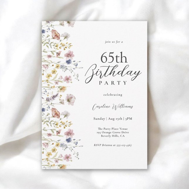 65th Birthday Watercolor Wildflowers Floral  Invitation (Available in both printed and instant download digital formats.)
