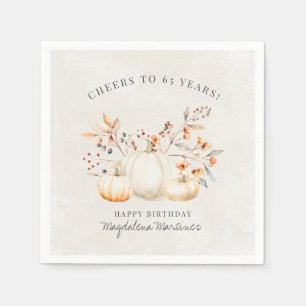 65th Birthday White Pumpkin Fall Leaves Custom Napkin