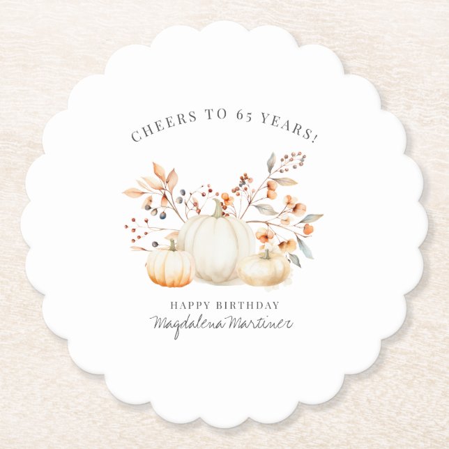 65th Birthday White Pumpkin Fall Leaves Custom Paper Coaster (Front)
