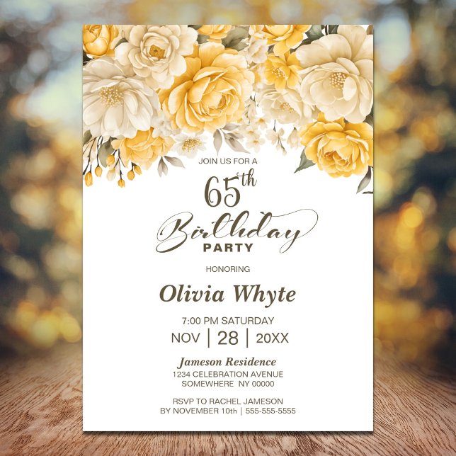 65th Birthday Yellow Rose Floral Party Invitation (Creator Uploaded)