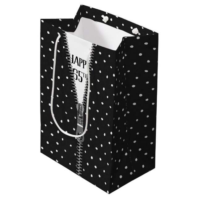 65th Birthday Zipper On Polka Dots Medium Gift Bag (Front Angled)