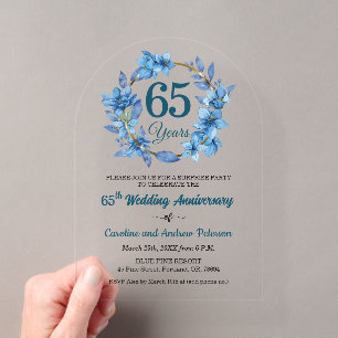 65th Blue Floral Surprise Wedding Anniversary Acrylic Invitations