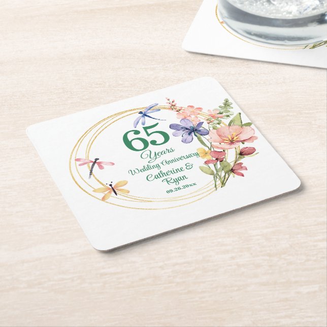 65th Blue Sapphire Wedding Anniversary Gold Frame  Square Paper Coaster (Angled)