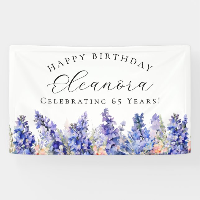 65th Happy Birthday Banner Blue July Birth Flower (Horizontal)