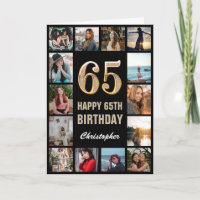 65th Happy Birthday Black and Gold Photo Collage