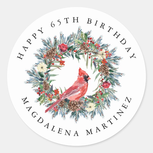 65th Happy Birthday Cardinal Wreath Custom Classic Round Sticker (Front)
