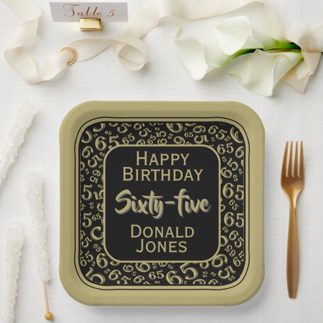 65th Party Random Number Pattern Black/Gold Paper Plate (Wedding)