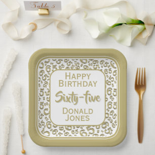 65th Party Random Number Pattern Gold/White Paper Plate