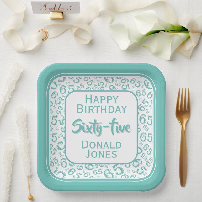 65th Party Random Number Pattern Green/White Paper Plate (Wedding)