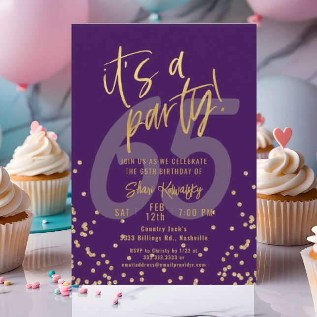 65th Purple and Gold Fun Birthday Party Invitation (Creator Uploaded)