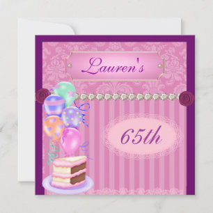 65th Vintage Pink Birthday Damask Invitation