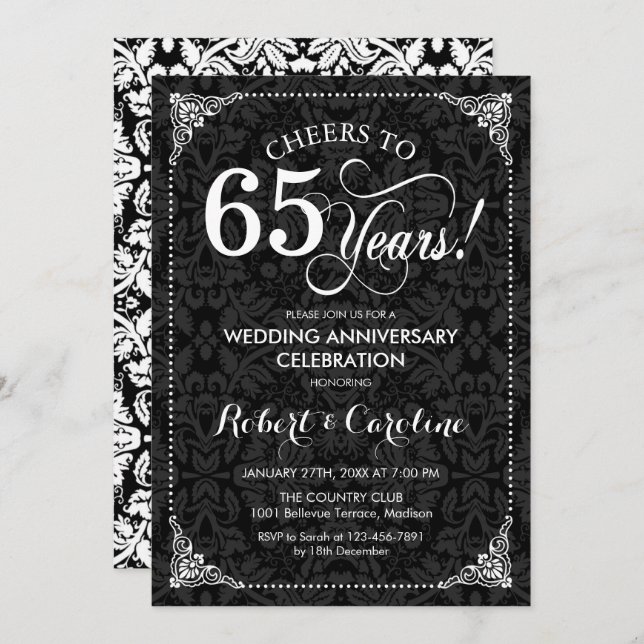 65th Wedding Anniversary - Black White Damask Invitation (Front/Back)