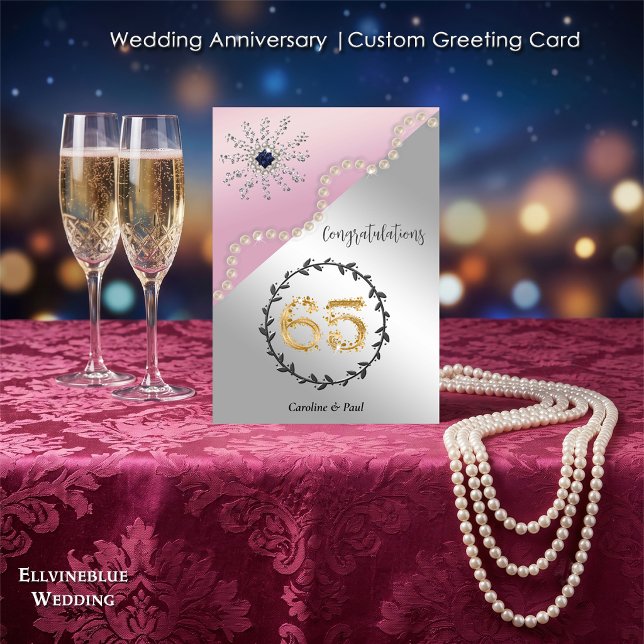 65th Wedding Anniversary | Chic Sapphire & Pearls Card (Double-sided 65th Wedding Anniversary. 100% editable with message inside. 5”x7”.)