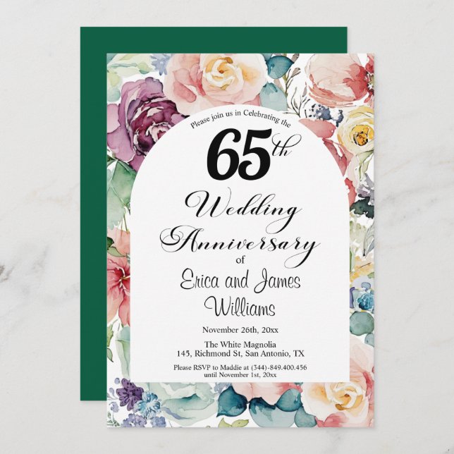 65th Wedding Anniversary Elegant Script Floral Invitation (Front/Back)