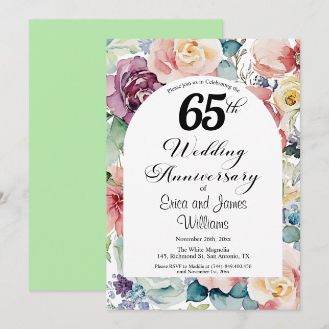 65th Wedding Anniversary Elegant Script Floral Invitation (Front/Back)