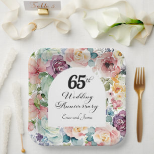 65th Wedding Anniversary Elegant Script Floral Paper Plate