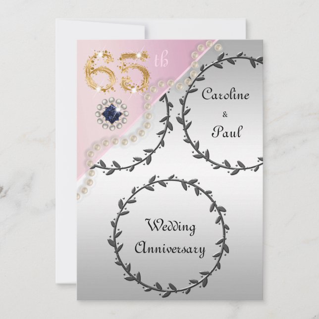 65th Wedding Anniversary Embossed Silver Rose Gold Invitation (Front)