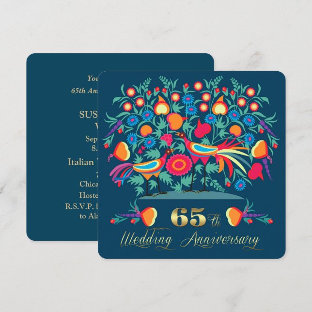65th Wedding Anniversary Folk Art Invitation (Front/Back)