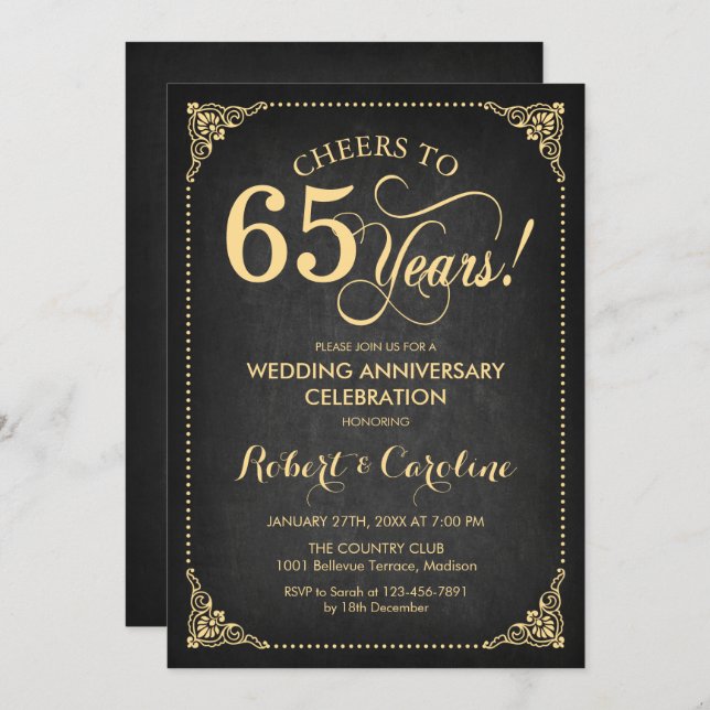 65th Wedding Anniversary - Gold Chalkboard Invitation (Front/Back)