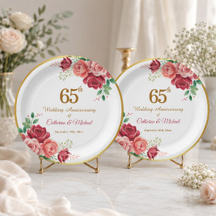 65th Wedding Anniversary Gold Frame Floral Paper Plate