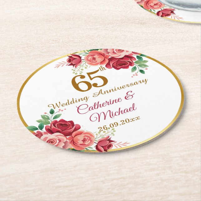 65th Wedding Anniversary Gold Frame Floral Round Paper Coaster (Angled)