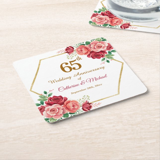 65th Wedding Anniversary Gold Frame Floral Square Paper Coaster (Angled)